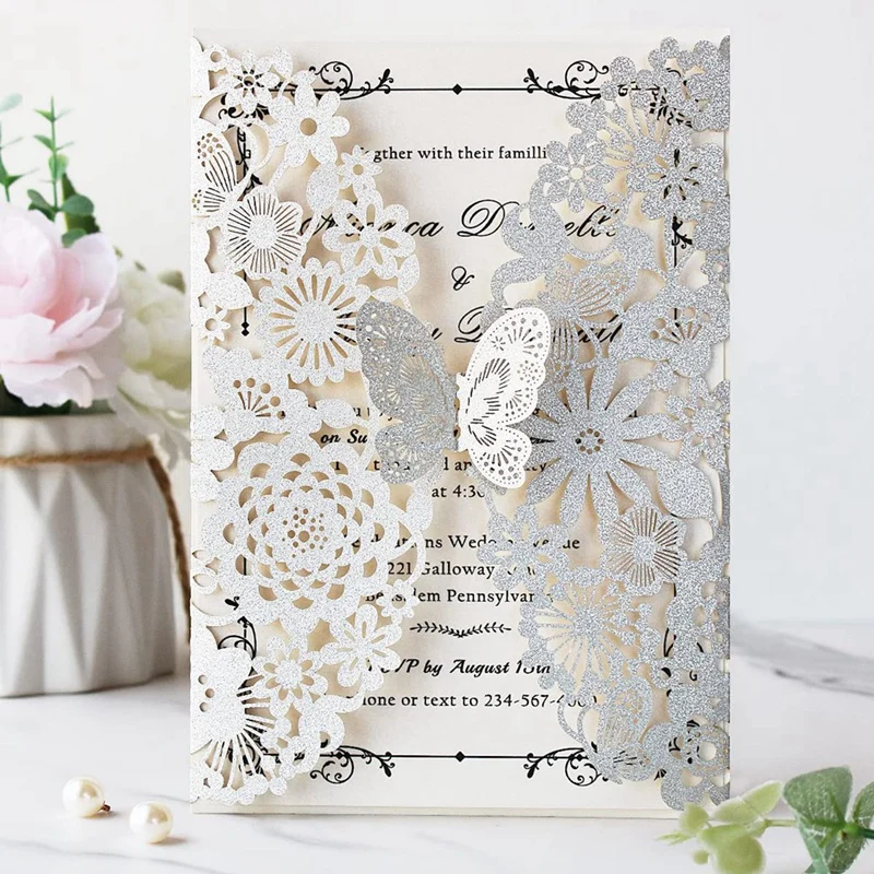 20 Set Butterfly Invitation Cards Lace Wedding Invitations Paper Wedding Invitation Cards + Envelopes (Silver Glitter)