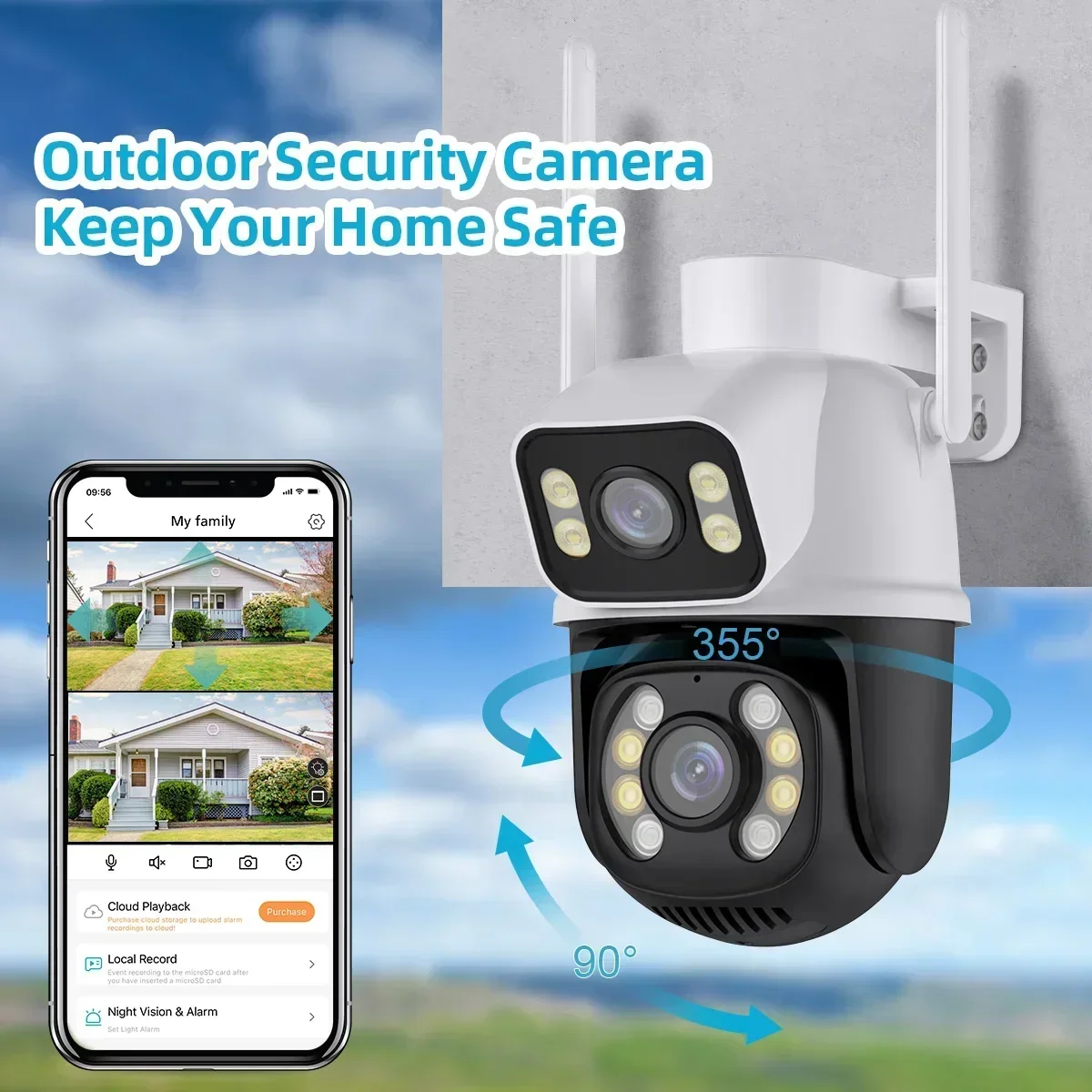 Cámara de vigilancia exterior inalámbrica con doble lente, pantalla Dual, detección humana Ai, seguimiento automático, cámara PTZ de 6MP, Wifi de 2,4 GHZ