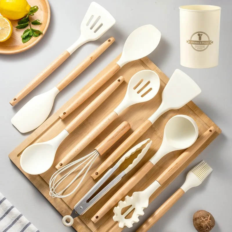 2/12Pcs White Silicone Kitchen Utensils Set with Wooden Handle,Cookware Spatula, Heat Resistant Non-stick Kitchen Cooking Tools