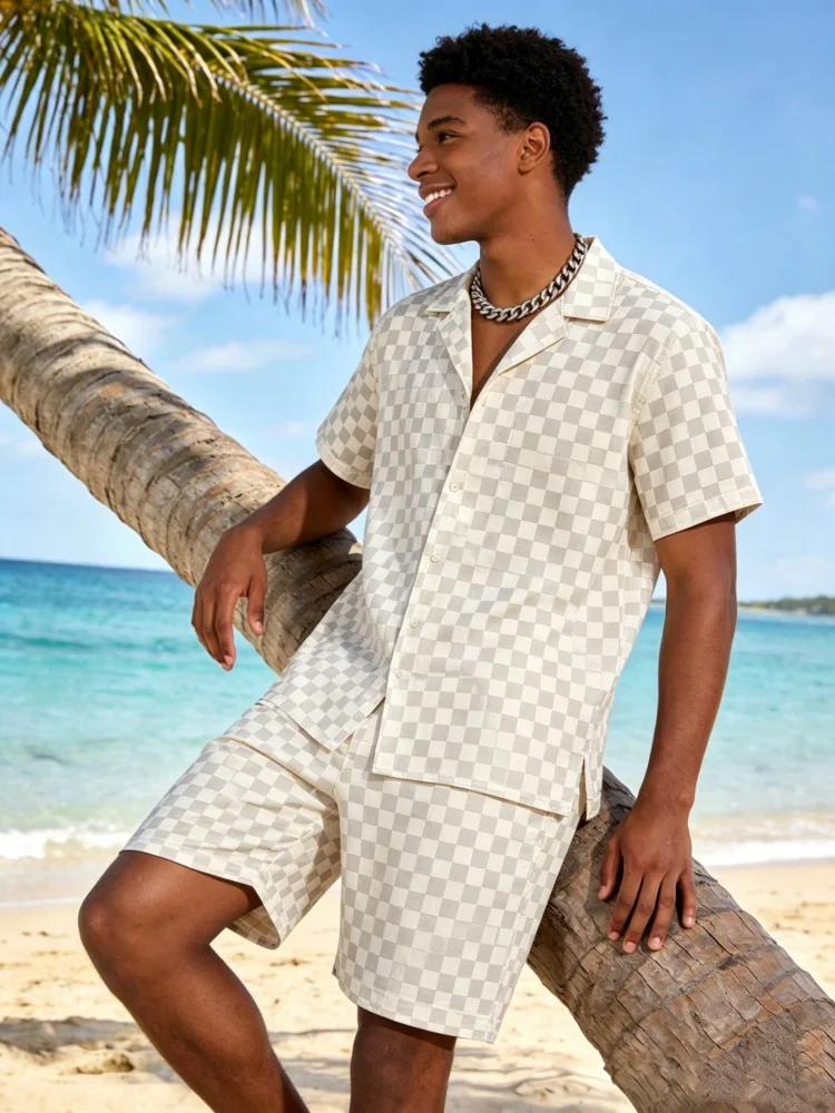 

Men's Short Sleeve Lapel Shirt & Shorts Set, Loose Comfort Checkerboard Print Casual Summer Outfit
