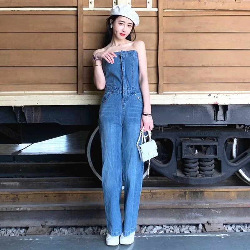 Elegant Women's Strapless Sleeveless Strapless Full Length Blue Backless Tube Top Denim Jumpsuit High Waist Wide Leg Overalls