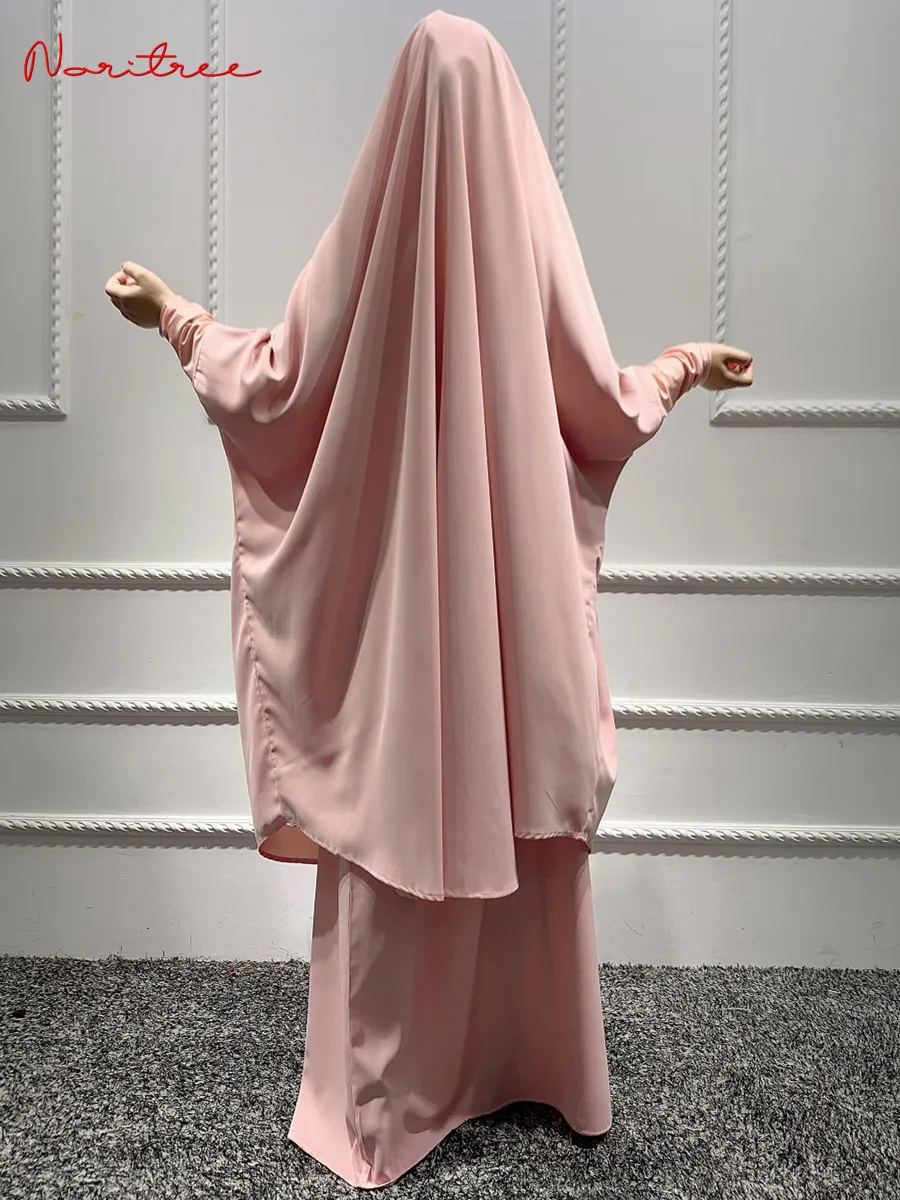 2 Pieces Muslim Prayer Long Sleeve Sets Robe Islamic Abaya Khimar Muslim Women Praying Hijab Dresses Islamic F2799
