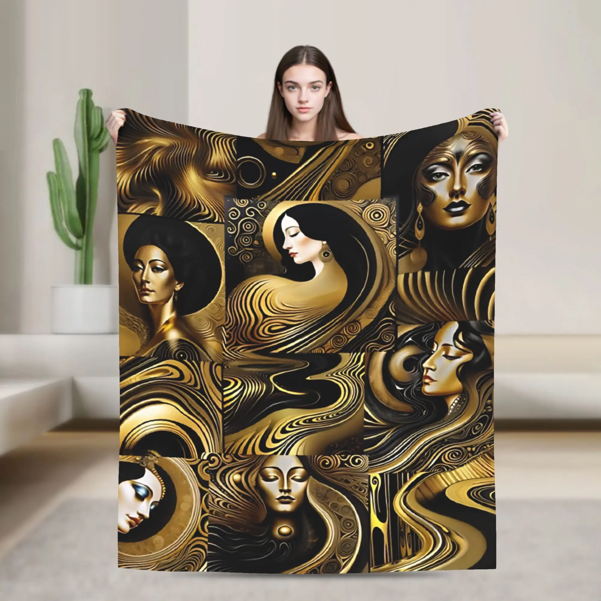 

Stylized golden faces African Art Black And Gold Flannel Blanket Awesome Throw Blankets for Home 150*125cm Bedspread,