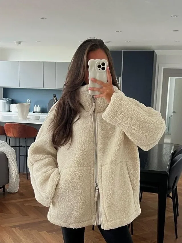 Lamb Wool Jacket Women Winter Fashion Stand Collar Zipper Pocket Long Sleeve Tops Warm Thicken Fleece Coat Streetwear Overcoats