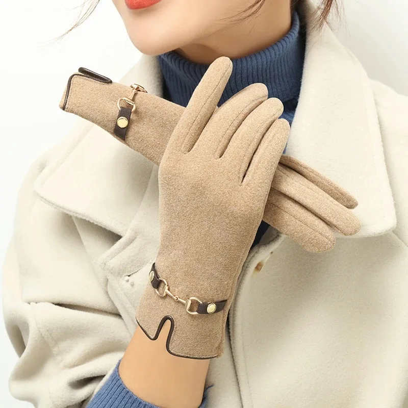 Warme koreanische Samthandschuhe, elegante und einfache Metallschnalle, dicke Handschuhe, Alltag, Outdoor-Ski- und Fahrradhandschuhe, Ausrüstung