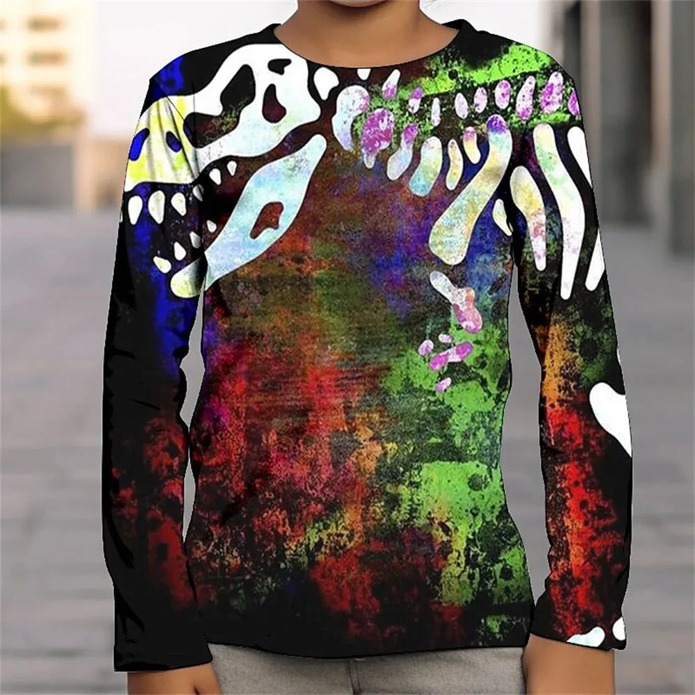 T-Shirt for a Boy 2023 Autumn Children's Clothing 3D Dinosaur Oil Painting One Piece Boy Long Sleeve Tshirt Halloween Soccer Top