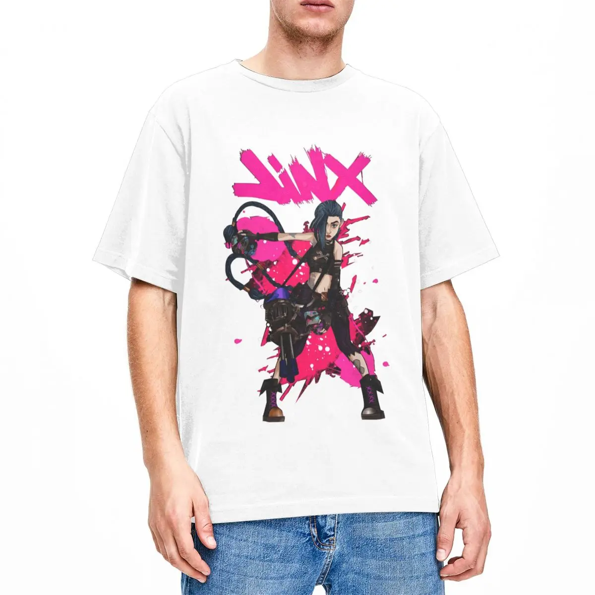 

Arcane Jinx аниме футболка пляжные винтажные футболки хлопковая футболка в стиле хип-хоп для мужчин с коротким рукавом на заказ футболки «сделай сам»