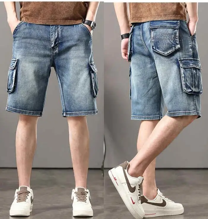 Multi Pocket Denim Shorts Summer Hip Hop Loose Outwear Cargo Half Length Jeans Size 28-44