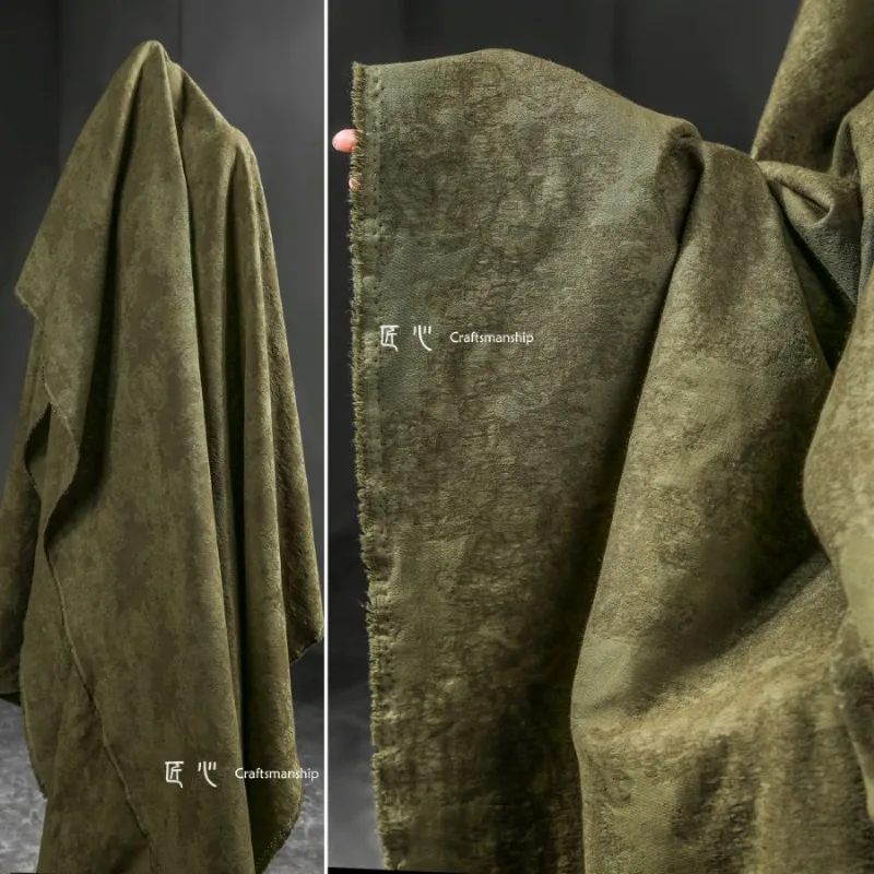 Green Dark Flower Scarred Fried Colour Cotton Linen Heavy Wash Fabric Trench Coat Jacket Skirt Textured Garment Fabrics