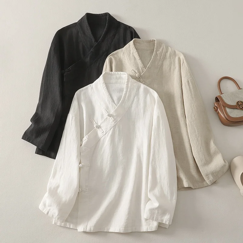 

New Chinese Sle Women's Long Sve irt Slanted Lapel Zen Meditation Pure Color Button up Tea Ceremony Ethnic Faion Top