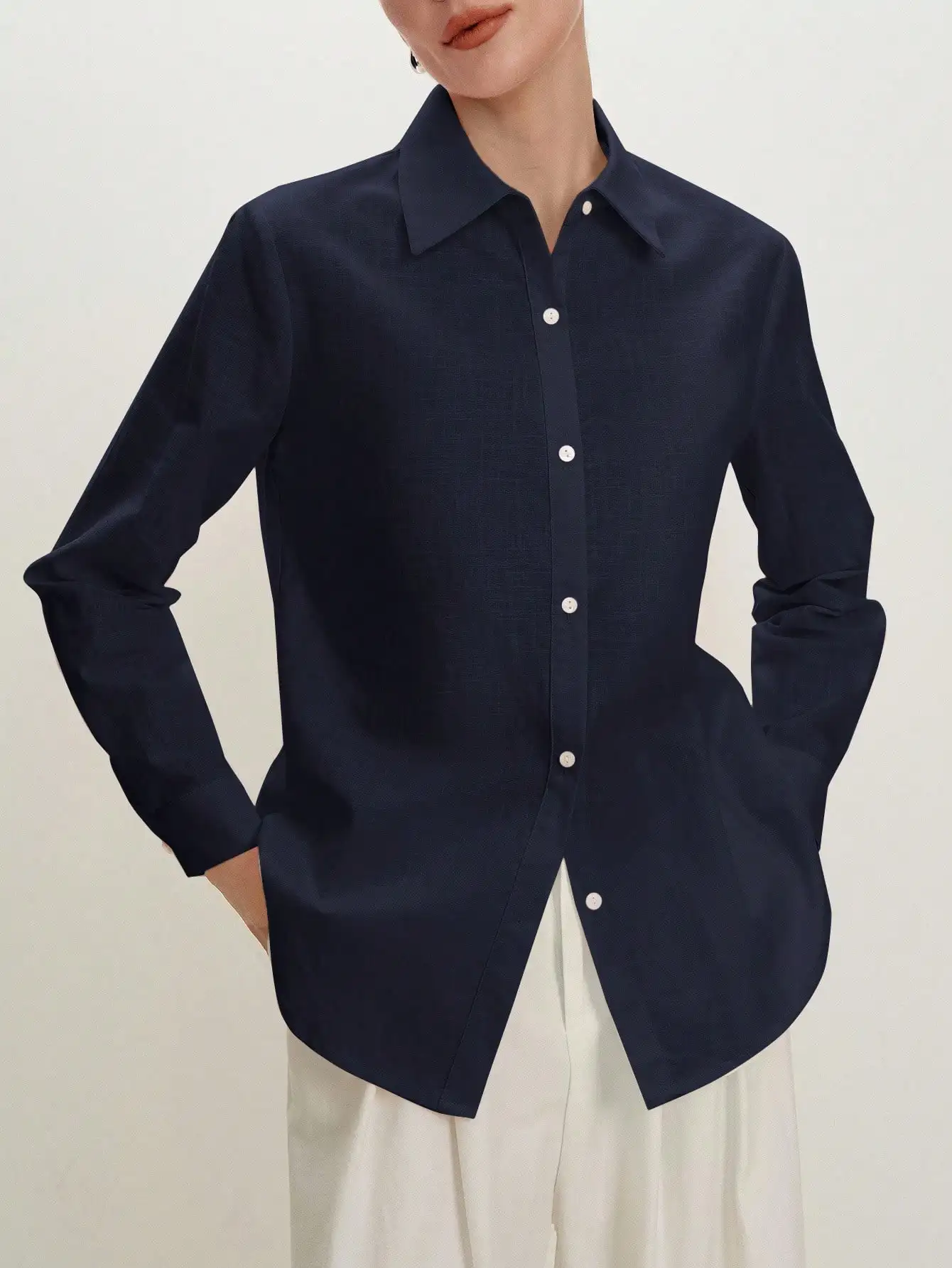 

Navy Blue Collared Button-Up Blouse For Women Loose Fit Casual Elegant Office