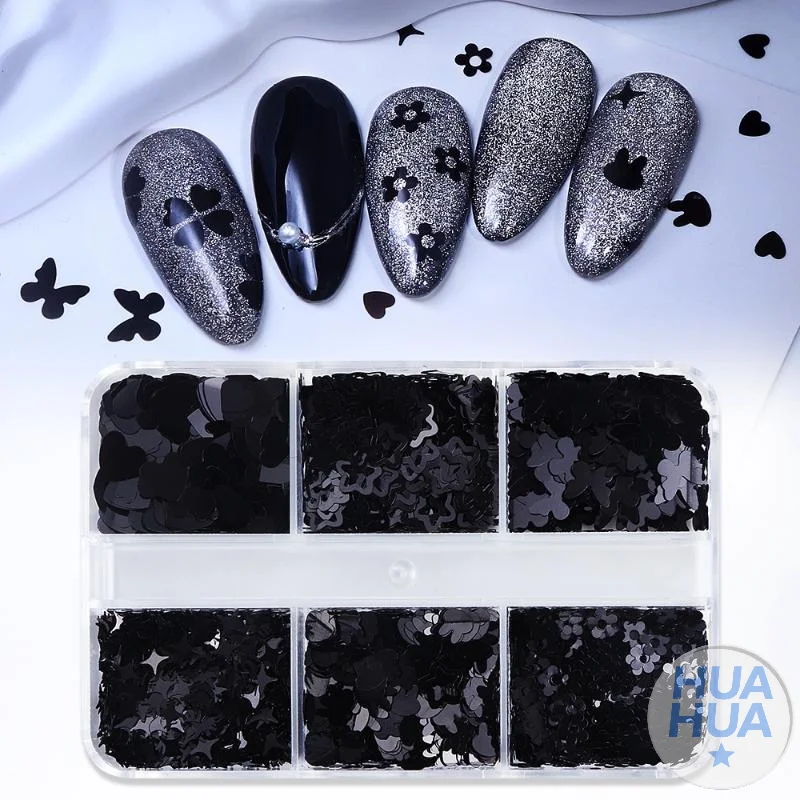 6 شبكات سوداء على شكل قلب فراشة ستار مسمار بريق ديكور مختلط رقائق مانيكير pailletes مذهل الترتر لتقوم بها بنفسك مسمار مانيكير