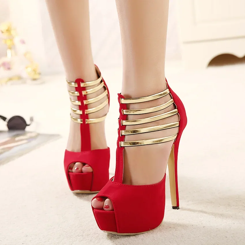 Sexy High Heels Women Stilettos Platform Elegant Metal Woman Pumps Black Red Medium Heel Shoes Size 34 45 Tacones Mujer