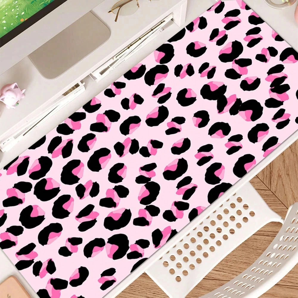 1pc Pink Leopard Print Large Gaming Leather Mouse Pad Extended Table Pad With Anti-Slip Waterproof Desk Mat For Keyboard & Mouse