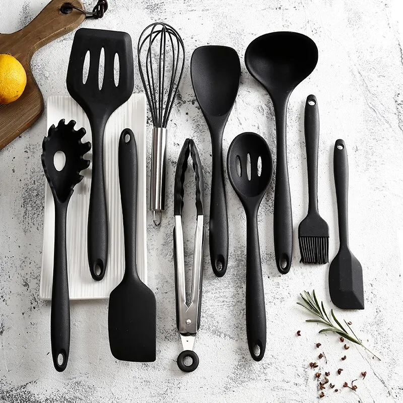 Juego de utensilios de cocina de silicona, 10 piezas, herramientas para hornear, vajilla, pala, cuchara, raspador, accesorios de cocina