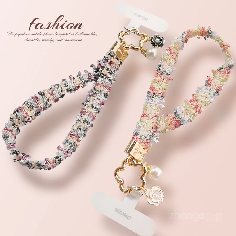 

Ремешок для мобильного телефона с жемчугом и камелией, подвеска с кружевным краем, модное и универсальное для женских запястий