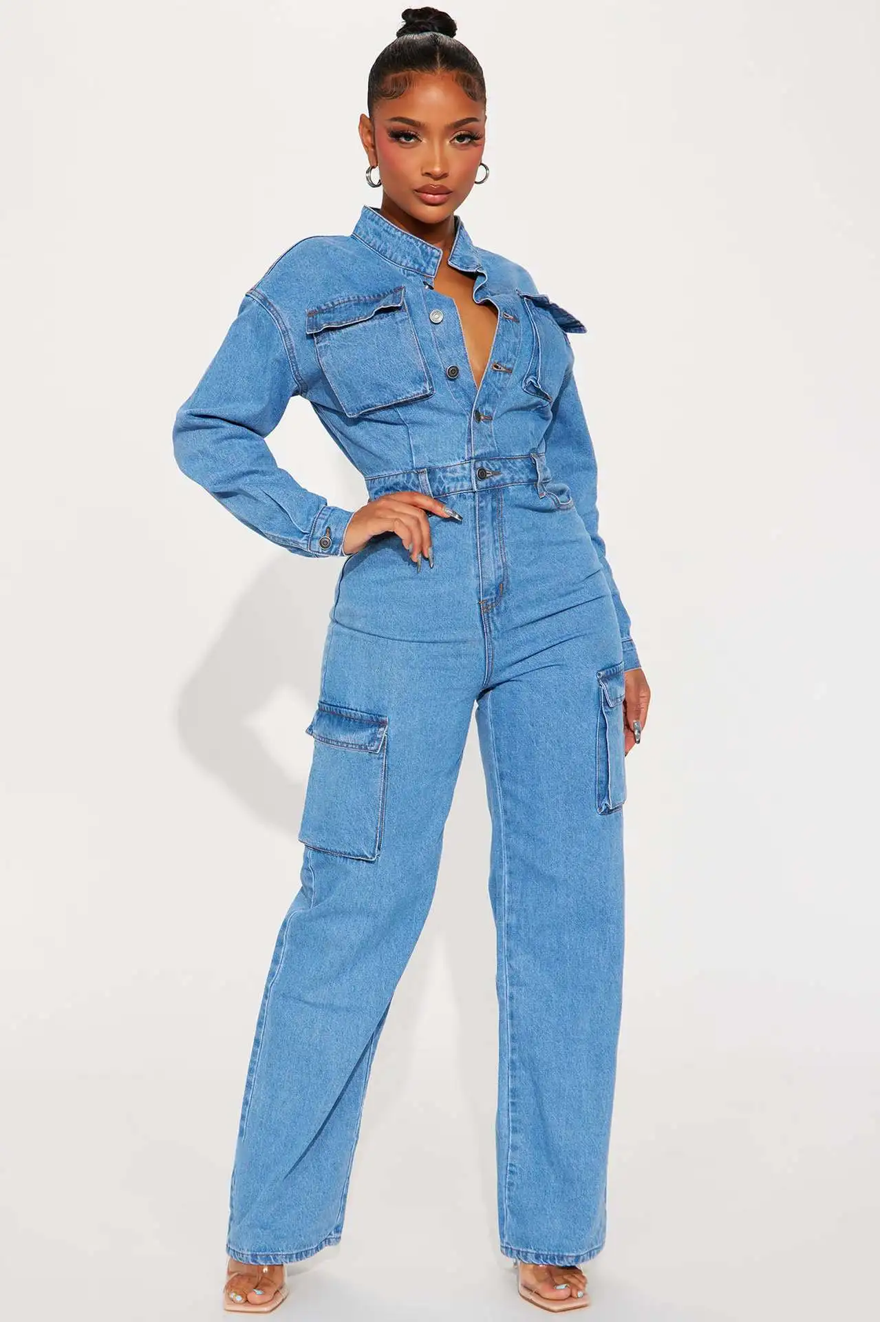 

Fall Women's Fashion Denim Jumpsuit Comfortable Casual Loose Mid-Waist Commuter Ladies Solid Color Jumpsuit Pants