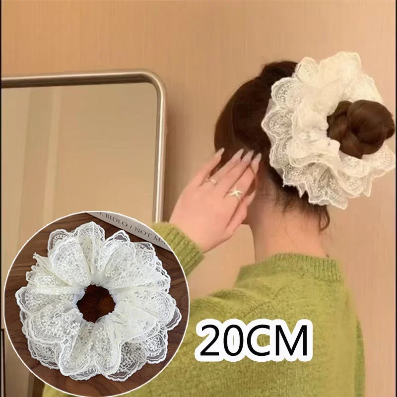 

Ballet Style French White Lace Embroidery Large Hair Scrunchies For Women Retro Sweet Mesh Hair Bands Hair Ties Ponytail Holder