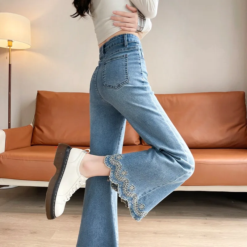 

Women's Jeans Women's Pants Ankle Length Flared Summer Lightweight Petite Cutout Embroidery Pale New Style Casual Stretch
