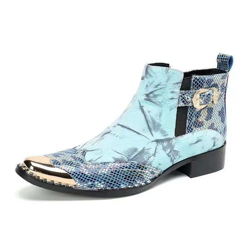 Coogerlove Punk-Stil Männer blau Echt leder Stiefel Metall quadratische Zehen Schnalle Niet Motorrad Stiefel Winter männliche Party Stiefel – Detail 24