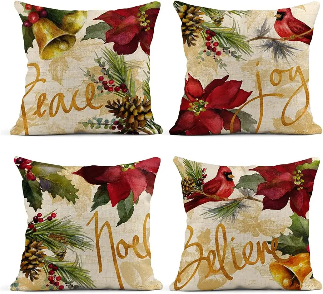 

rouihot Set of 4 Linen Throw Pillow Covers Christmas Watercolor Poinsettia Cardinal Home Decor Pillowcase Square Cushion Covers