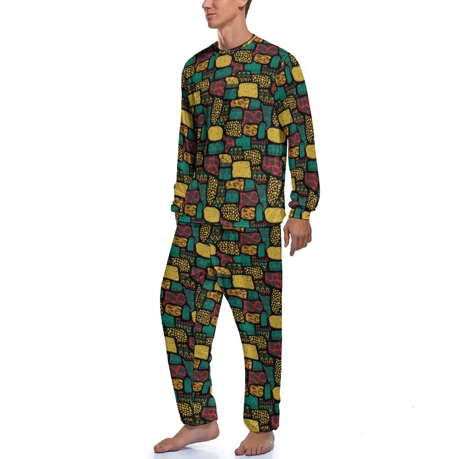 Pyjama Imprimé Africain pour Homme, Vêtements de Nuit Décontractés, Patchwork Coloré, Manches sulf, Mignon, Automne, 2 Pièces