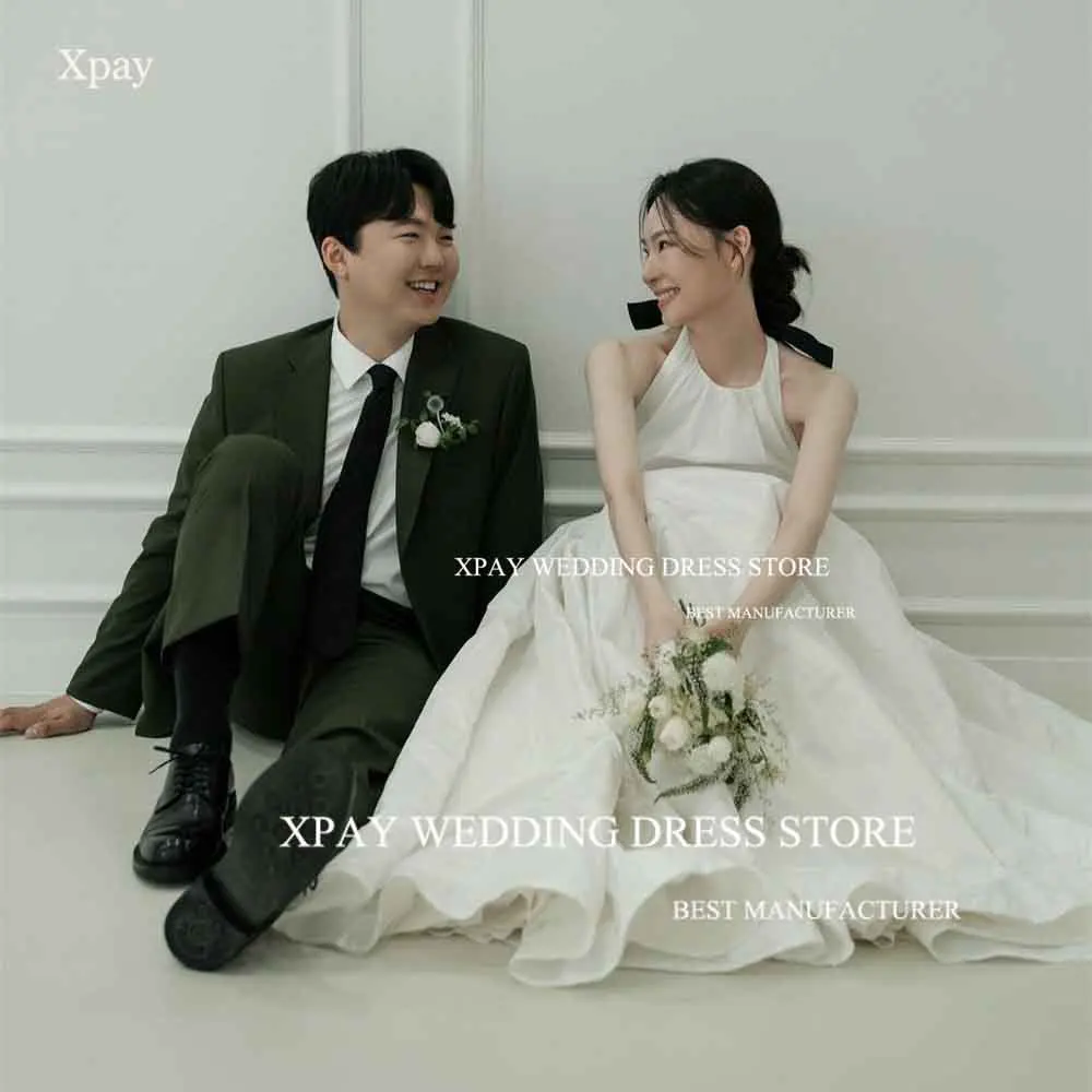 

XPAY Elegant Halter Neck A Line Korea Wedding Dresses For Women Photos shoot Satin Backless Bow Bridal Gowns Robe de mariage