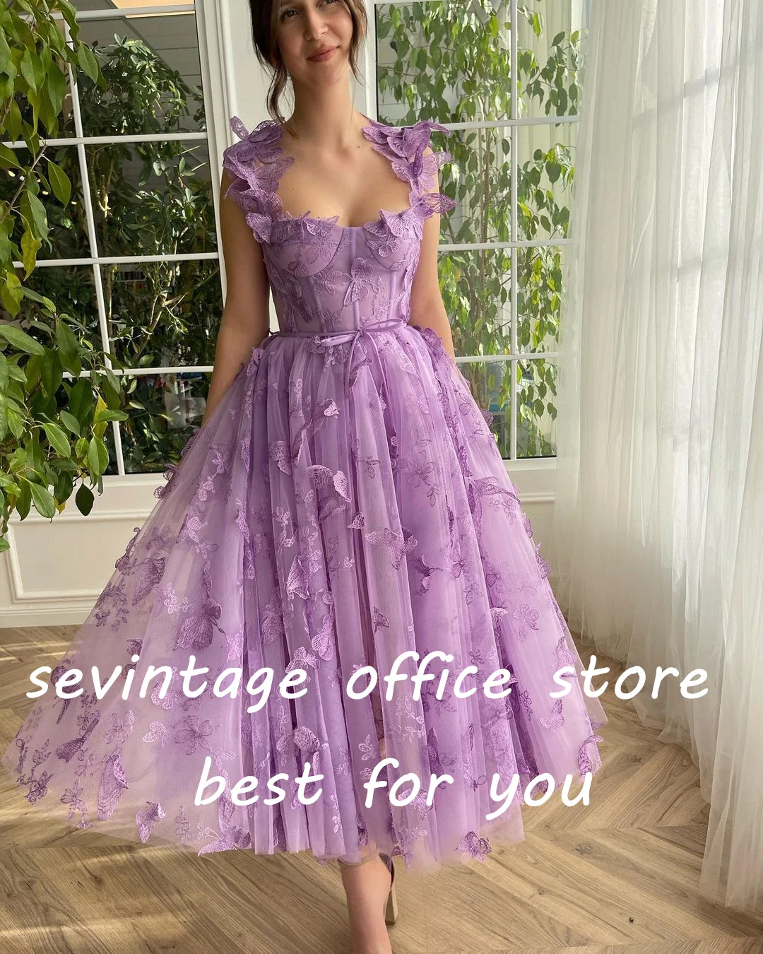 Sevintage Lavender Butterfly Lace Appliques Prom Dresses Sweetheart Sleeveless Tea-Length A-Line Evening Gowns Party Dress 2023