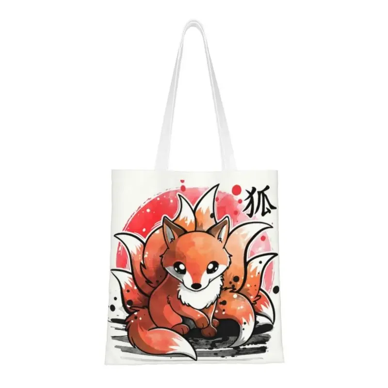 Custom Nine Tailed Fox Spirit Shopping Canvas Bag Women Portable Groceries Fashion Japanese Fox Spirit Shopper Tote Bags