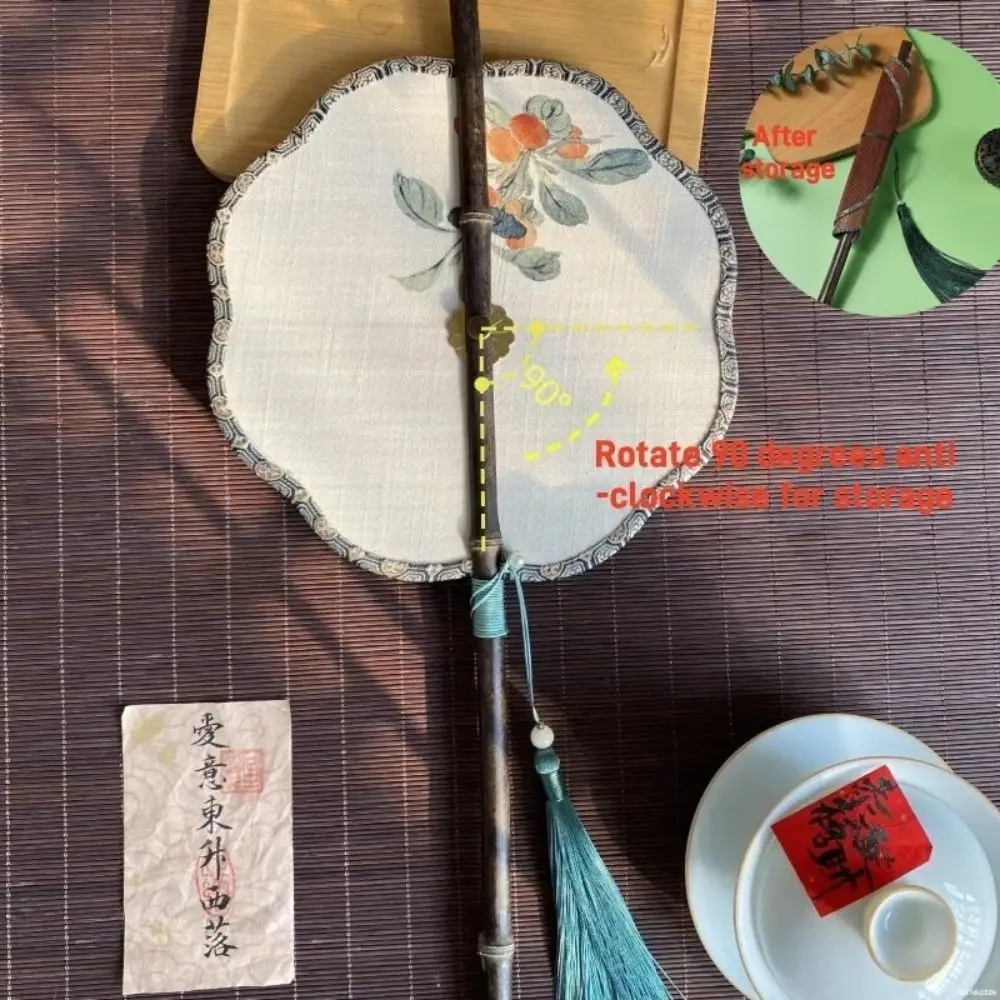 Classical Ancient Style Chinese Bamboo Waist Fan Rollable Rotatable Long Handle Fan with Tassel Decorative Group Fan Gifts
