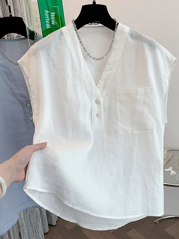 

Retro V-neck Commuter Style Shirt Breathable Layering Large Size Cotton Linen Blend Casual Shirt Vintage Flavored Top