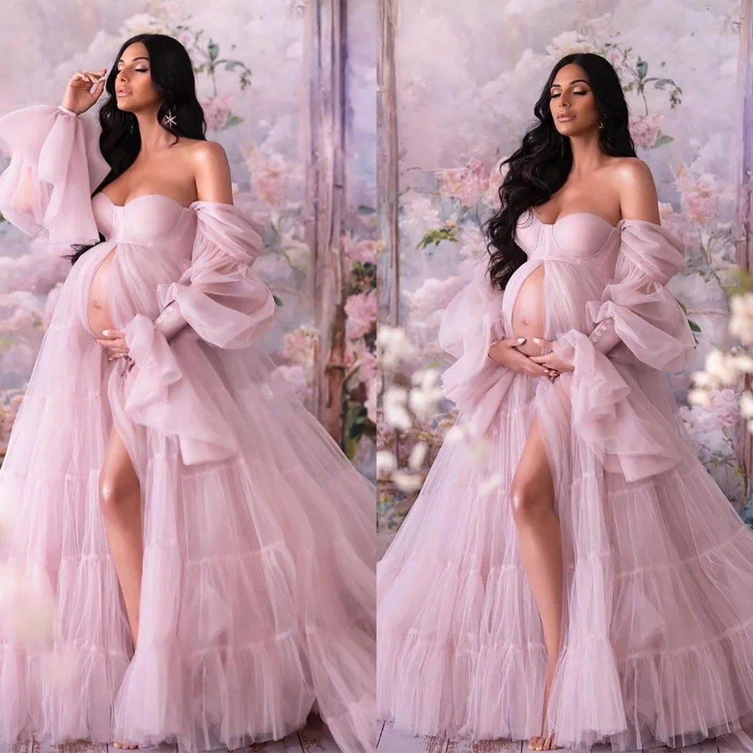 

Peach Pink Maternity Evening Dresses Ruffles Tulle Sweetheart Pregnant Photo Gowns for Photoshoot Baby Shower Off Shoulder Robes