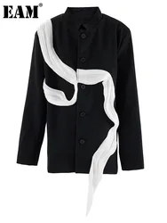 [EAM] Women Black Ribbon Color-block Big Size Blazer New Stand Collar Long Sleeve Jacket Fashion Tide Spring Autumn 2024 CPG2037