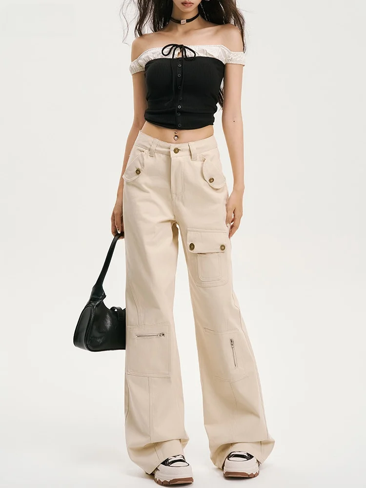 High Waist Cargo Pants Women's Coffee Color Bell Bottoms Multi Pockets Street Style Casual Trousers for Ladies Cotton Material