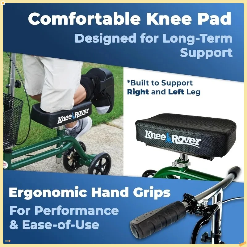 Skuter Lutut yang Dapat Dikendalikan untuk Dewasa, Walker Lutut Lipat dengan Keranjang, Hijau