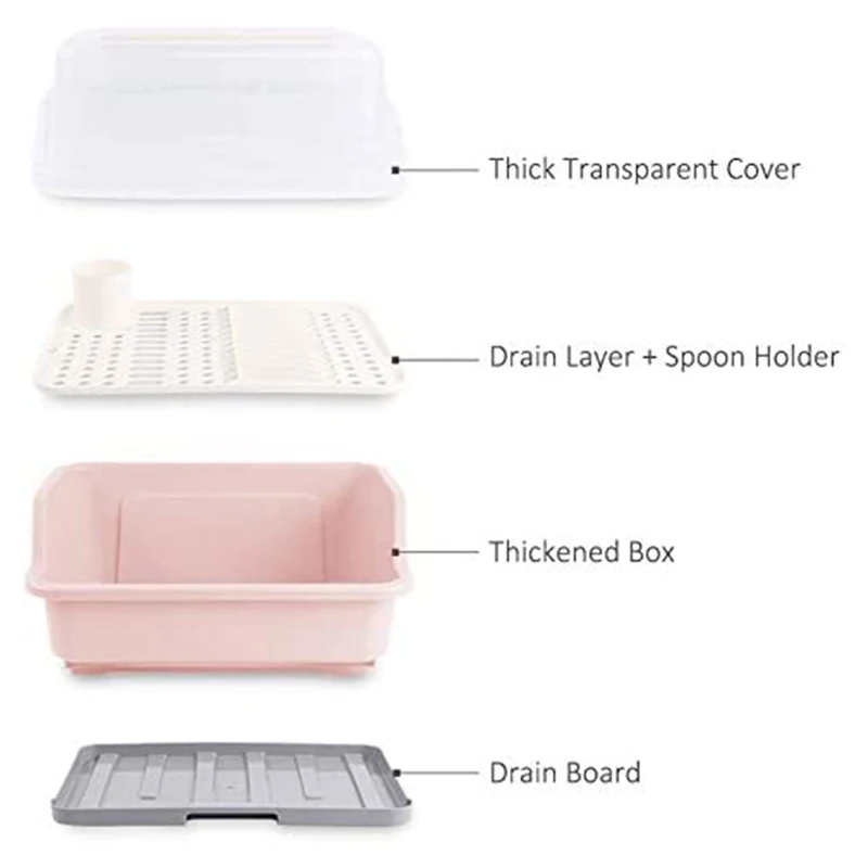 Plastic Dish Drying Rack With Drain Board Dustproof Kitchen Storage Box Organizer With Lid Cover Cutlery Utensil Holder