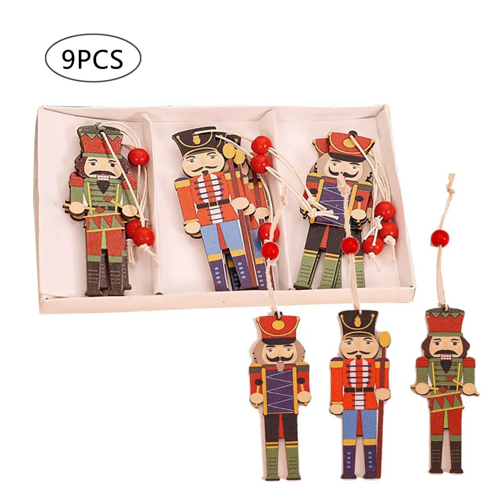 9Pcs Christmas Walnut Soldier Wooden Pendant Colorful Printed Wooden Pendant Christmas Tree Holiday Party Decorations