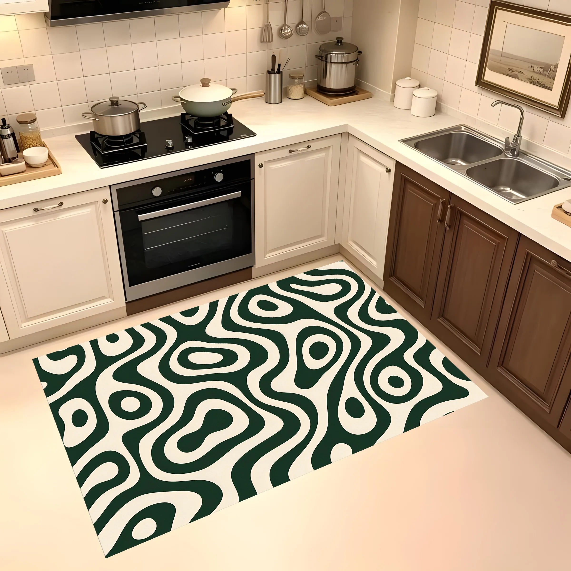 2D Large Rug Green White Abstract Flowing Waves Retro Style Living Room Bedroom Home Decor
