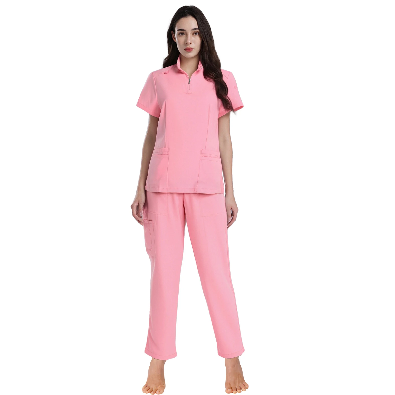 

Women Medical Scrubs Outfit Multi-pocket Quick-dry Nursing Dental Surgeon Uniform Short Sleeve Pullover Top And Pants Set