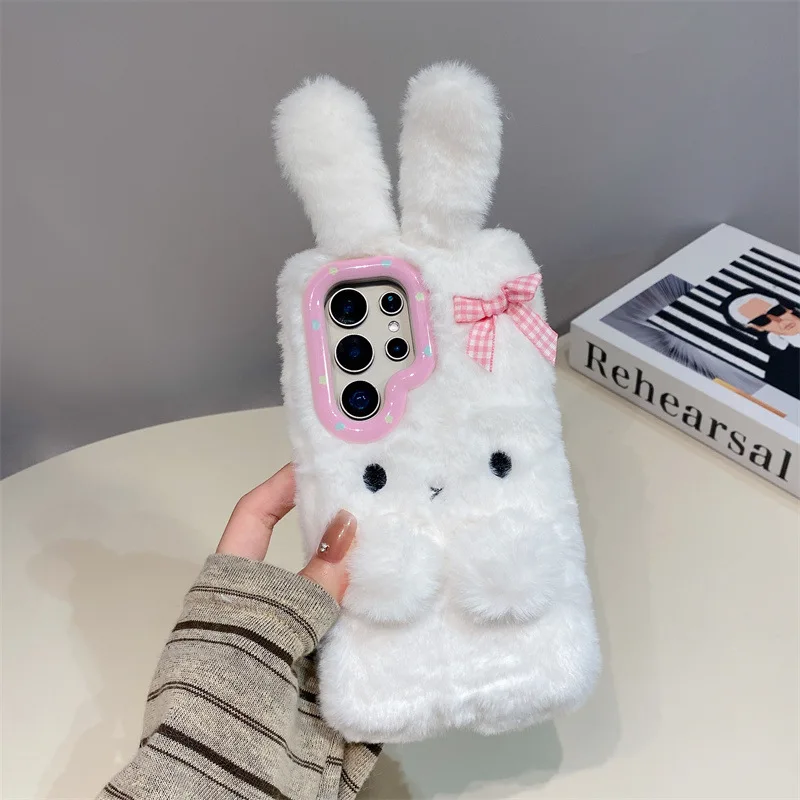 Koren 3D Cartoon Bowknot Rabbit Ears Warm Furry Plush Phone Case For Samsung Galaxy S23 24 25 26 Ultra Plus A57 Shockproof Cover view 2