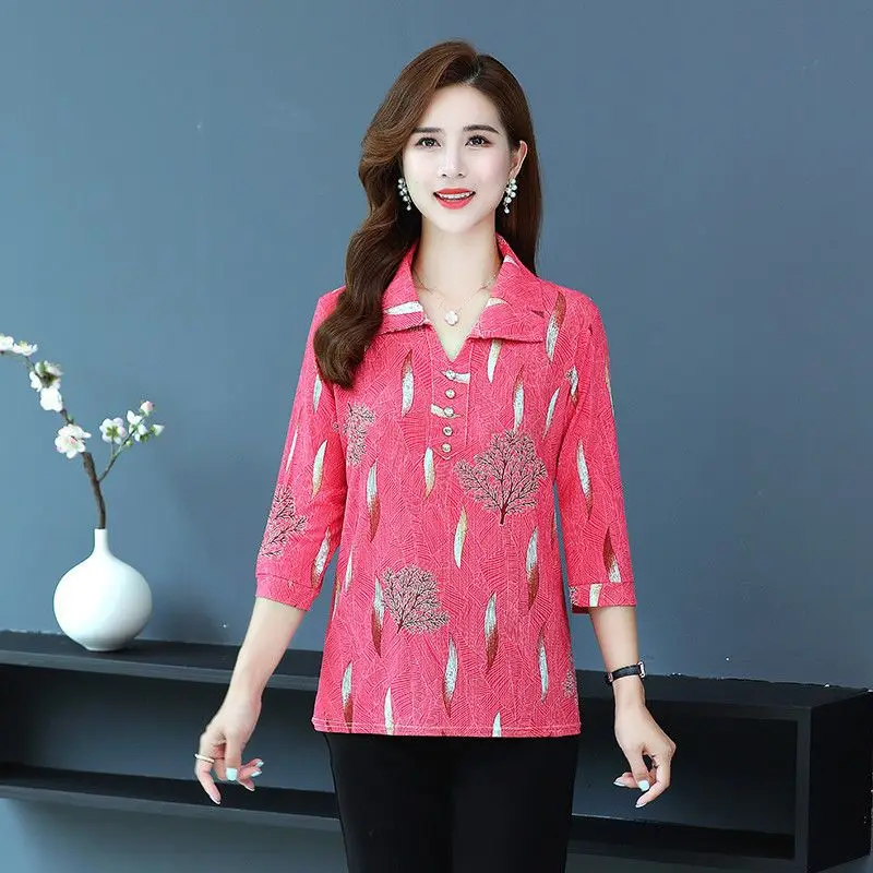 2023 Women's Clothing Three Quarter Sleeve Printing Pullovers Casual Loose Turn-down Collar Straight Simplicity Elegant T-Shirts