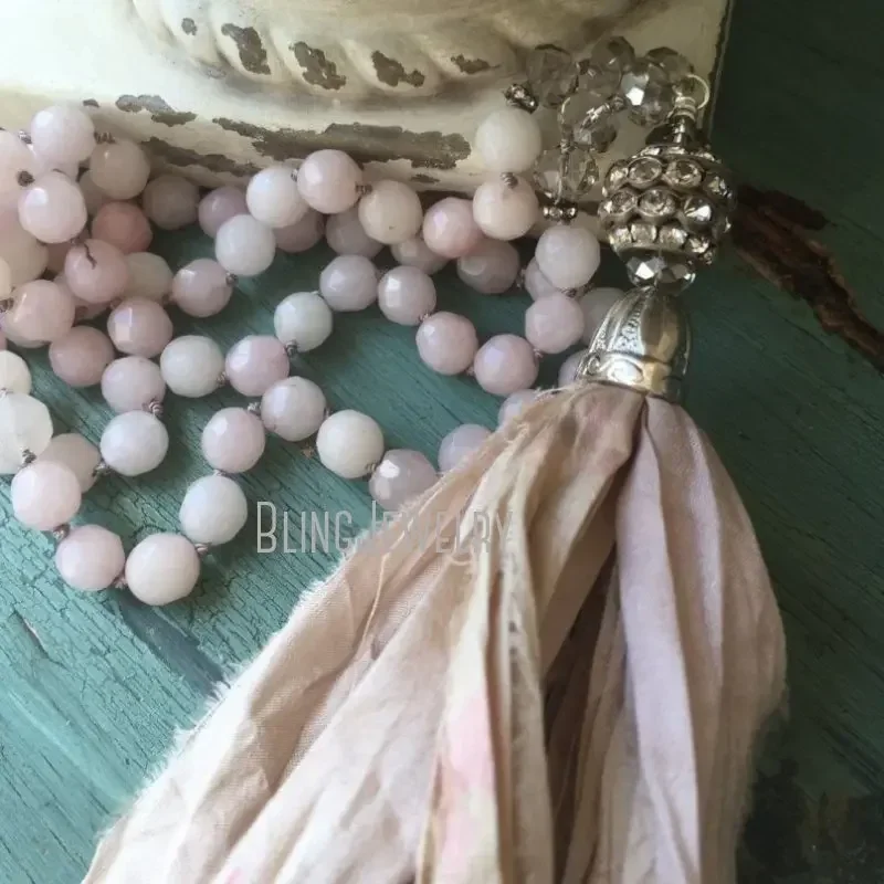 10pcs Pink October Cancer Awareness Jewelry Women Lone Layered Boho Hand Knot Bead Stone Necklace Sari Silk Tassel Accessary