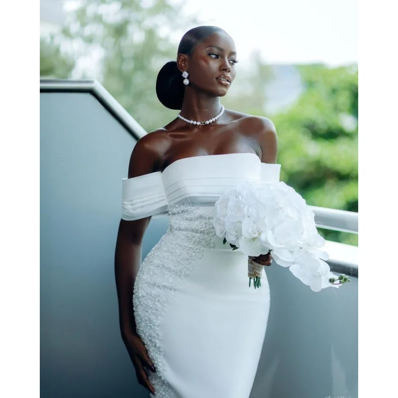 Customized  2026 New Lady's White African Mermaid Wedding Dress Satin One Shoulder Design Pearl Decoration Vestido De Noiva