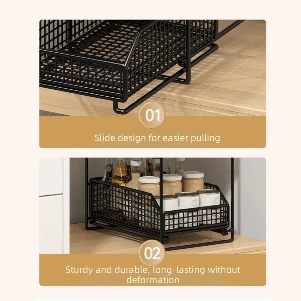 

Iron 2 Tier Storage Basket Stable Frame Large Capacity Sliding Cabinet Basket Space Saving Cabinet Organizer for Kitchen