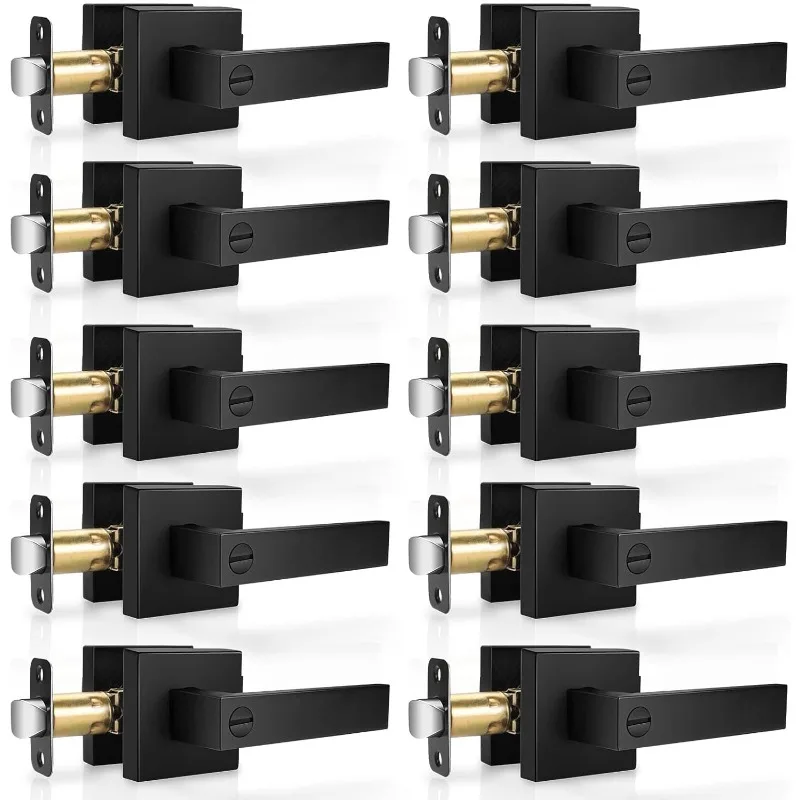 2025 10 Pack Matte Black  Bath Door Locks Interior Door Knobs, Reversible Keyless Flat Levers with Square Rosette