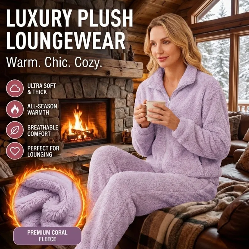 Women's Winter Plush Coral Fleece Loungewear Set Extra Warm Thick Soft Cozy Home Outfit Trendy for Daily Wear and Sleeping