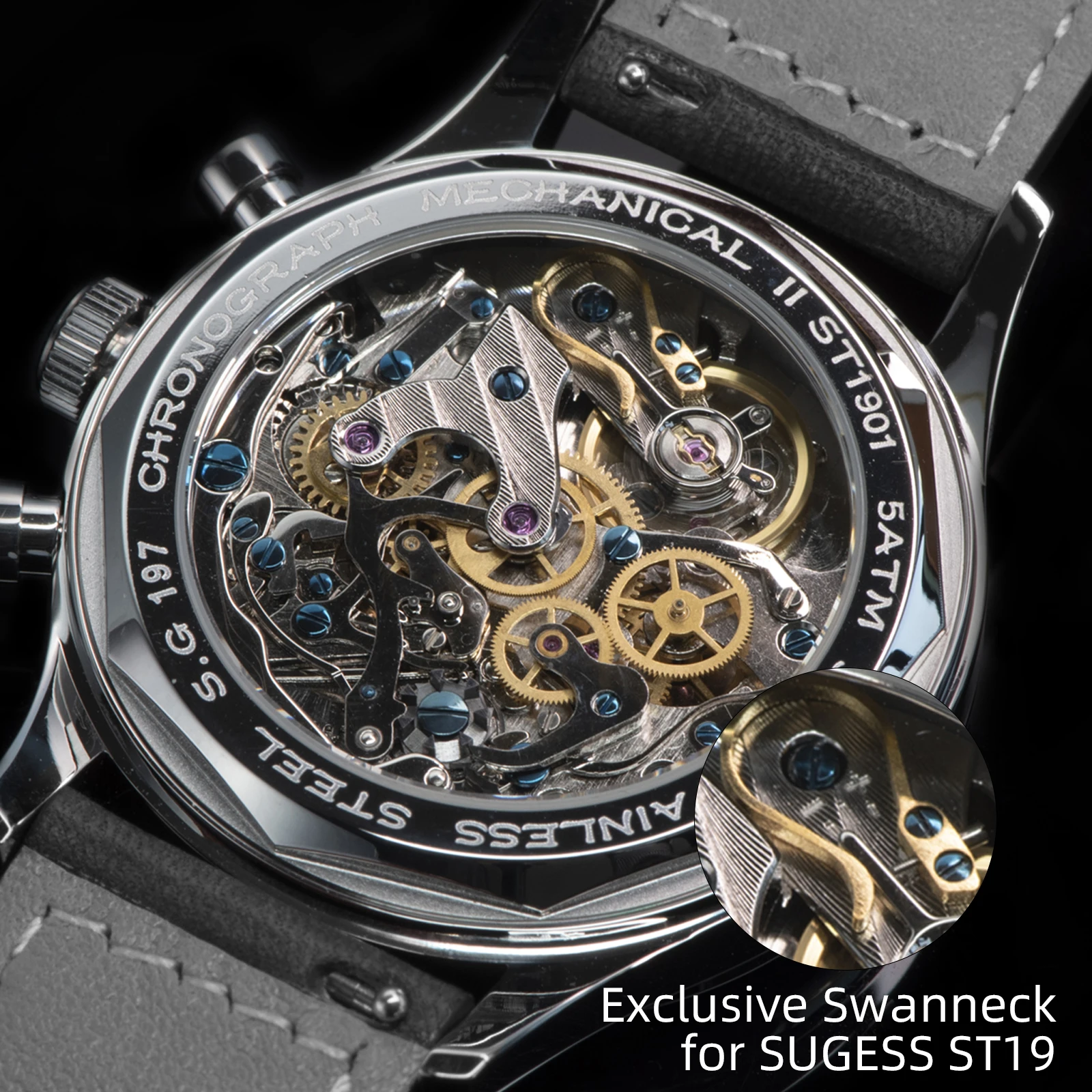 Sugess-Reloj de pulsera ST1908 para hombre, Swanneck con movimiento cronógrafo mecánico, calendario Moonphase genuino, de cuero Vintage, nuevo, 2023