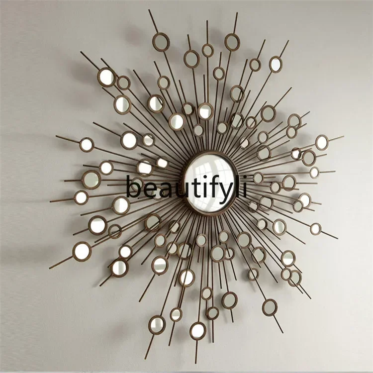 New arrive  Sun mirror Bathroom Art deco wrought iron wall mirror Customized entrance American European living room mirror