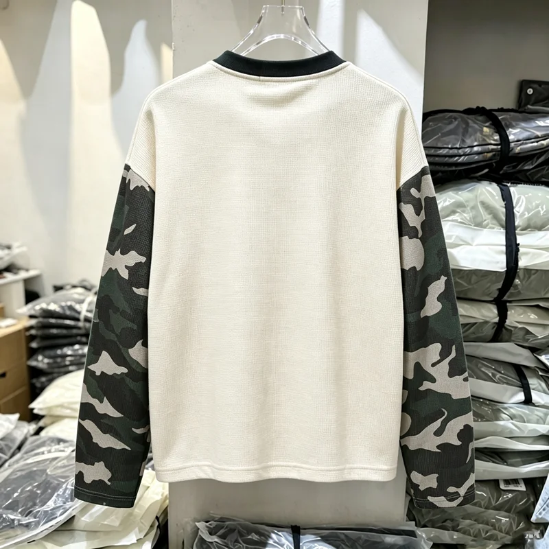 Camouflage Sleeve Splice Waffle Photo Print T Shirt Men Women Quick Dry Breathe Long Sleeve T-shirt High Quality Daily Tops Tee