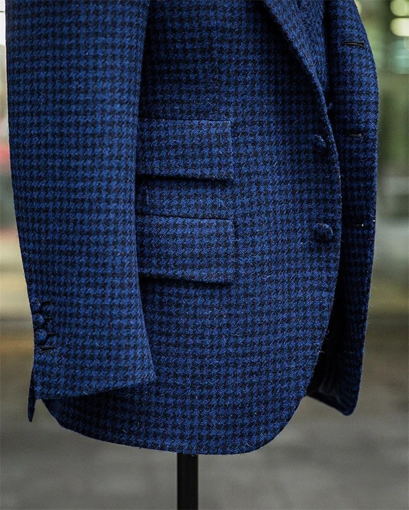 Winter Bruiloft Mannen Suits Set Maatwerk 3 Stuks Blauw Wol Houndstooth Blazer + Vest + Broek Formele Bruidegom prom Smoking Jacket